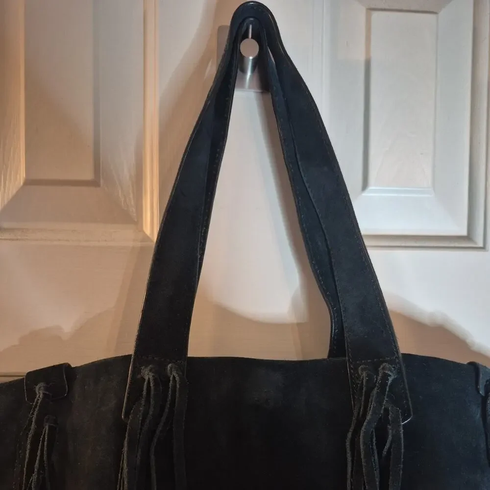 Ugg Lea Fringe Suede Hobo Shoulder Tote Bag Black Country Leather Medium